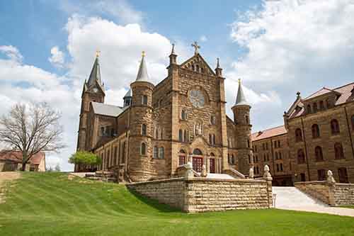 A photo of the Archabbey Church bell towers.