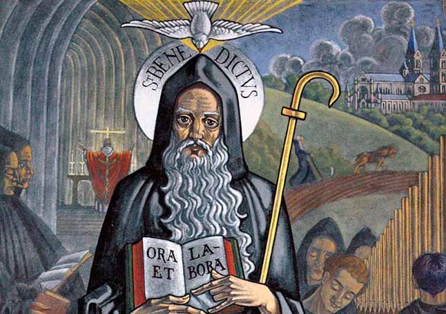Photo of the mural of St. Benedict in the memorial lobby.